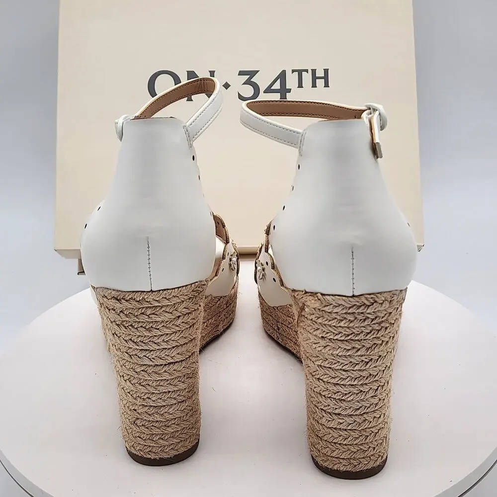 NEW - On 34th Theodore EP White Linen Floral Espadrille Wedge Sandals Size 8.5 M